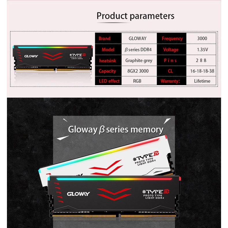 Memoria 16GB DDR4 Kit 8GBx2 3000 Gloway Type B RGB PC CPU Intel AMD XMP 2.0