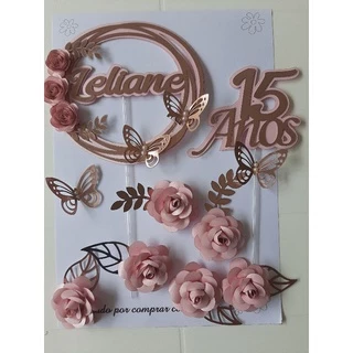 Topo de bolo 15 anos personalizado flores (pétalas)