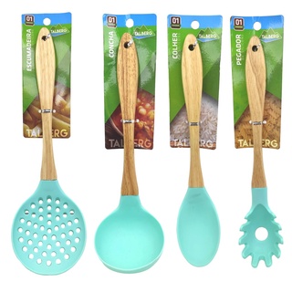 Jogo de Talheres Utensílios de Cozinha Silicone Cabo Madeira Kit 4 Peças Colher Concha Escumadeira Pegador Verde