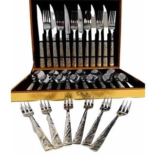Kit Faqueiro Em Inox Com Detalhes em Dourado 24 Peças + Maleta Dourada + 6 Garfos Sobremesa Talheres em Oferta na Shopee