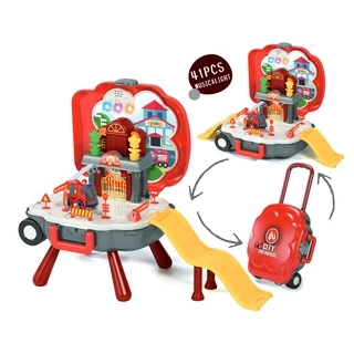Kit Bombeiro Faz de Conta Maleta de Brinquedos Infantil Portátil Vira Bancada Interativo Mochila com Rodas - Baby Style