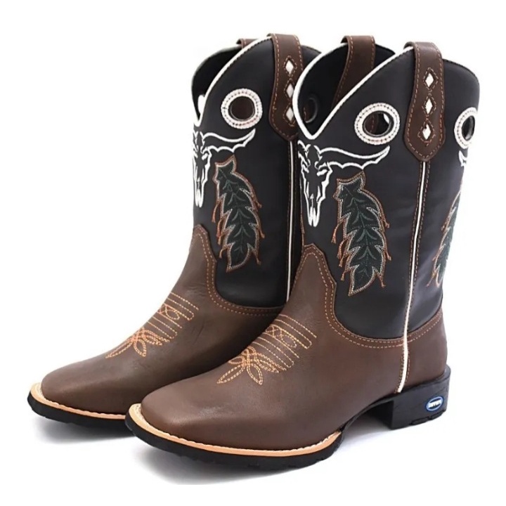 Bota Botina Texana Masculina Em Couro Bico Quadrado Country Montaria