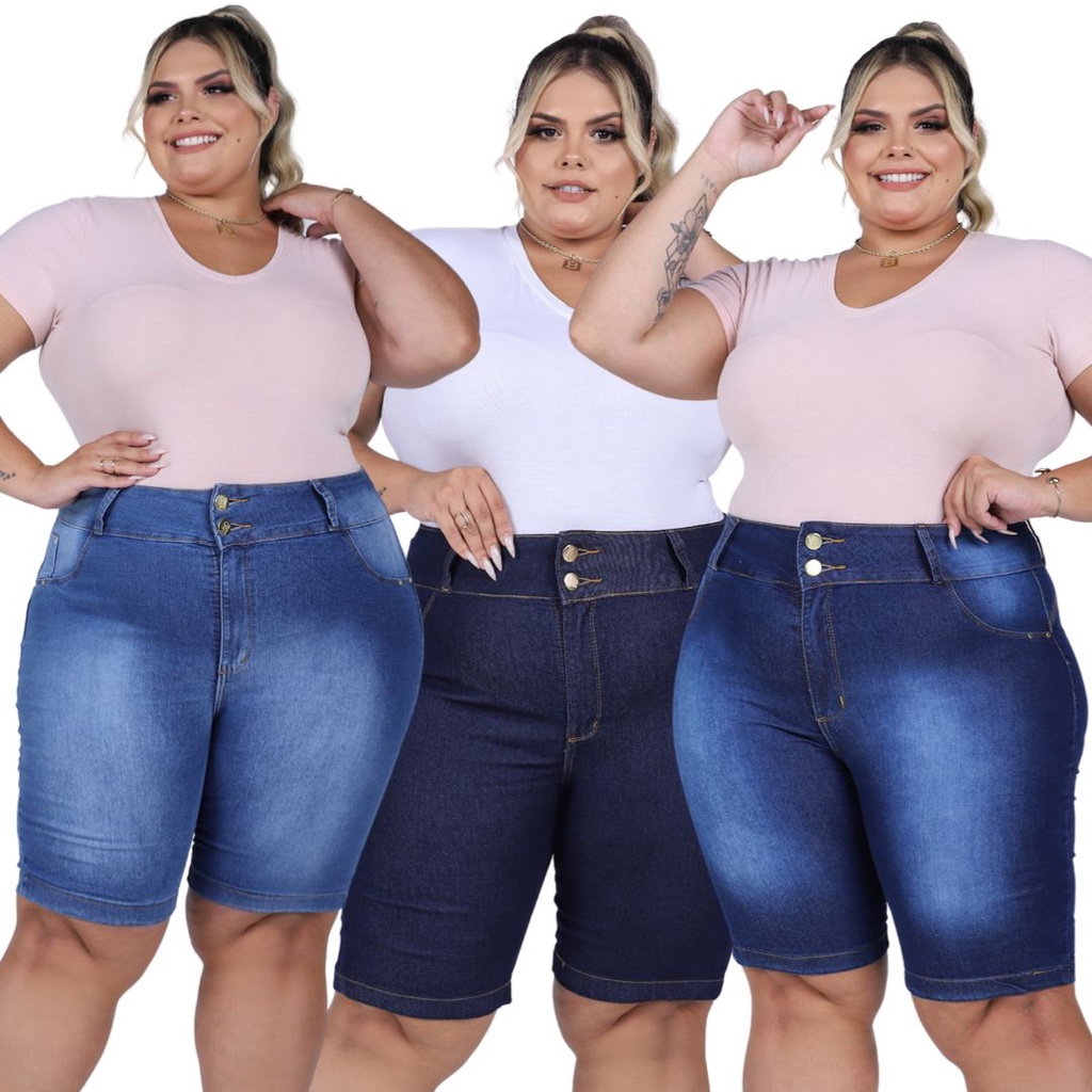 Kit 3 Bermudas Jeans Feminina Plus Size Cintura Alta Com Lycra Elastano  Envio Rápido