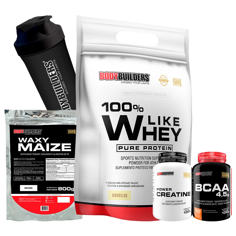 Kit 100% Like Whey Pure Protein 1,8Kg + Waxy Maize 800g + Power Creatina 100g + BCAA 4.5 100g + Coqueteleira – Kit Para Recuperação Rápida e Eficaz – Bodybuilders