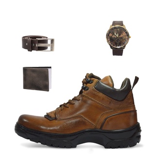 Combo Tenis Country Botinha de Couro Modelo 4400 Caramelo + Carteira Cinto e Relogio