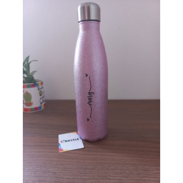 Garrafa Aço Inox 600ml com Glitter Rosa Personalizada