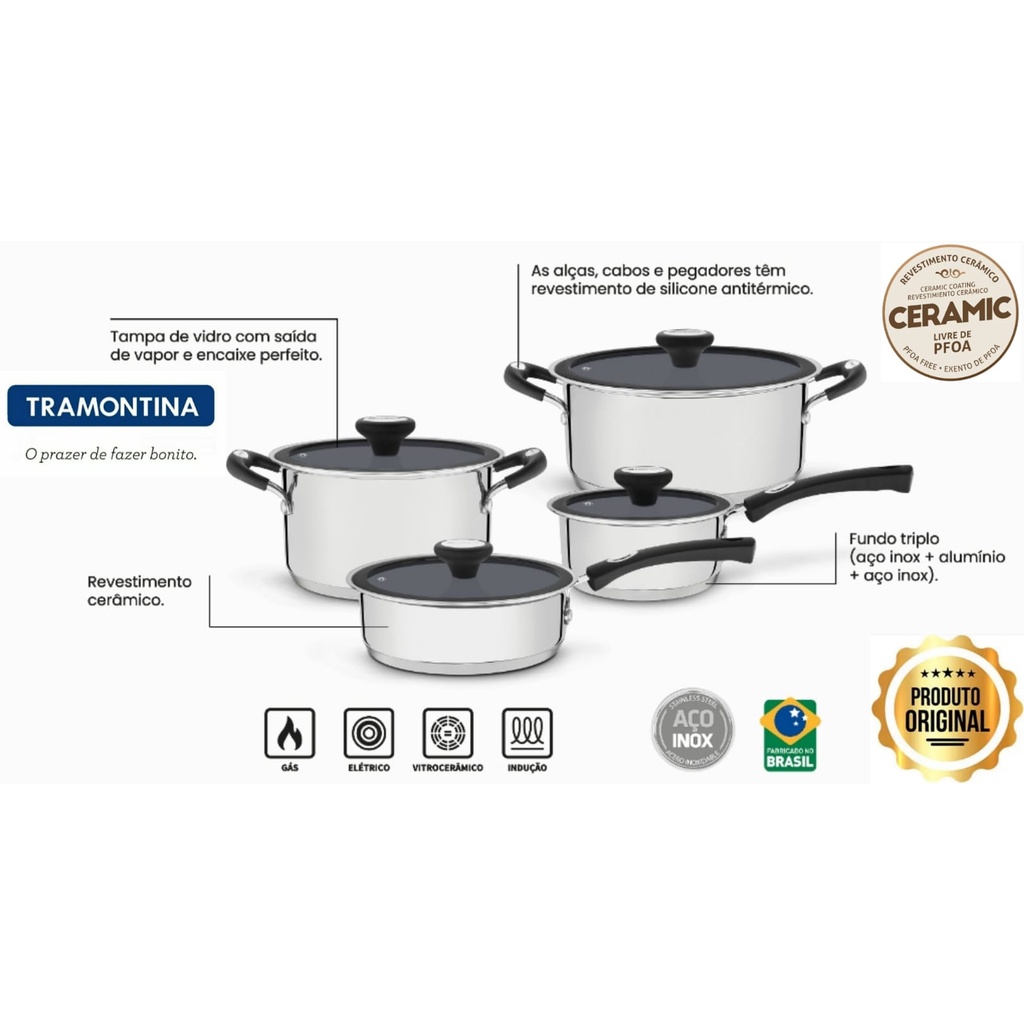 Jogo de Panelas Tramontina de Ceramica Inox Fundo Triplo | Shopee Brasil