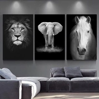 Quadro painel decorativo 3 peças 60 x 40 leão elefante cavalo animais faces retrô decoração