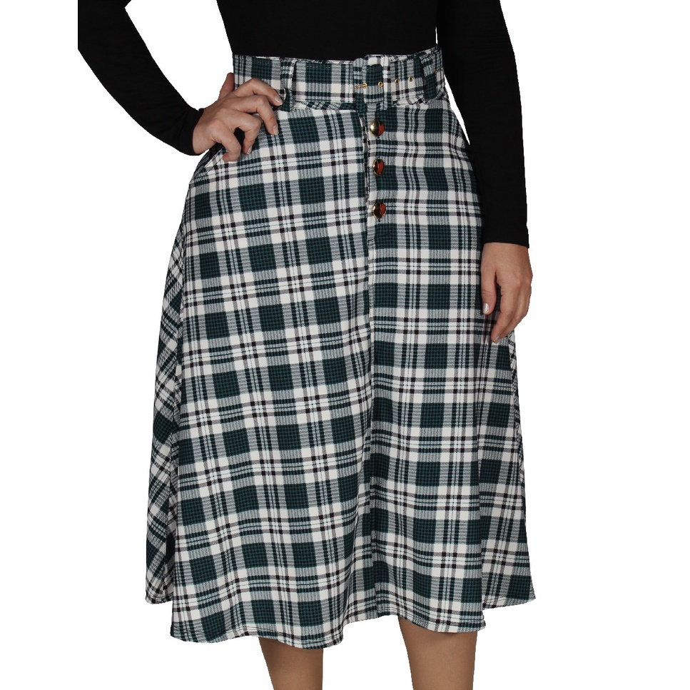 Saia Xadrez Midi Colegial Vintage Cosplay Blogueira Barato Retrô Anos 80  Sx01ve