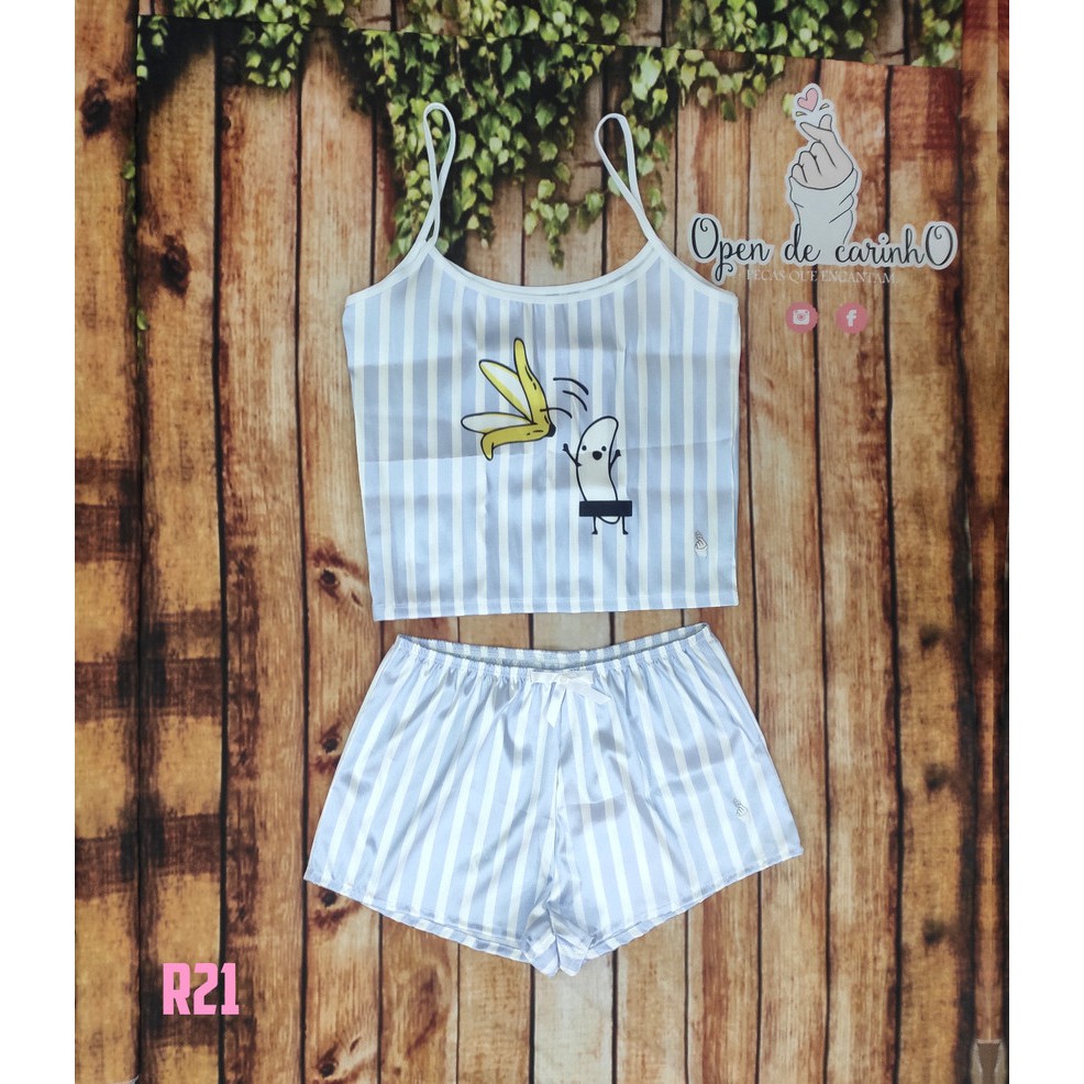 Pijama Short Doll Cetim Feminino Personagem Banana Nudes Regata Adulto.