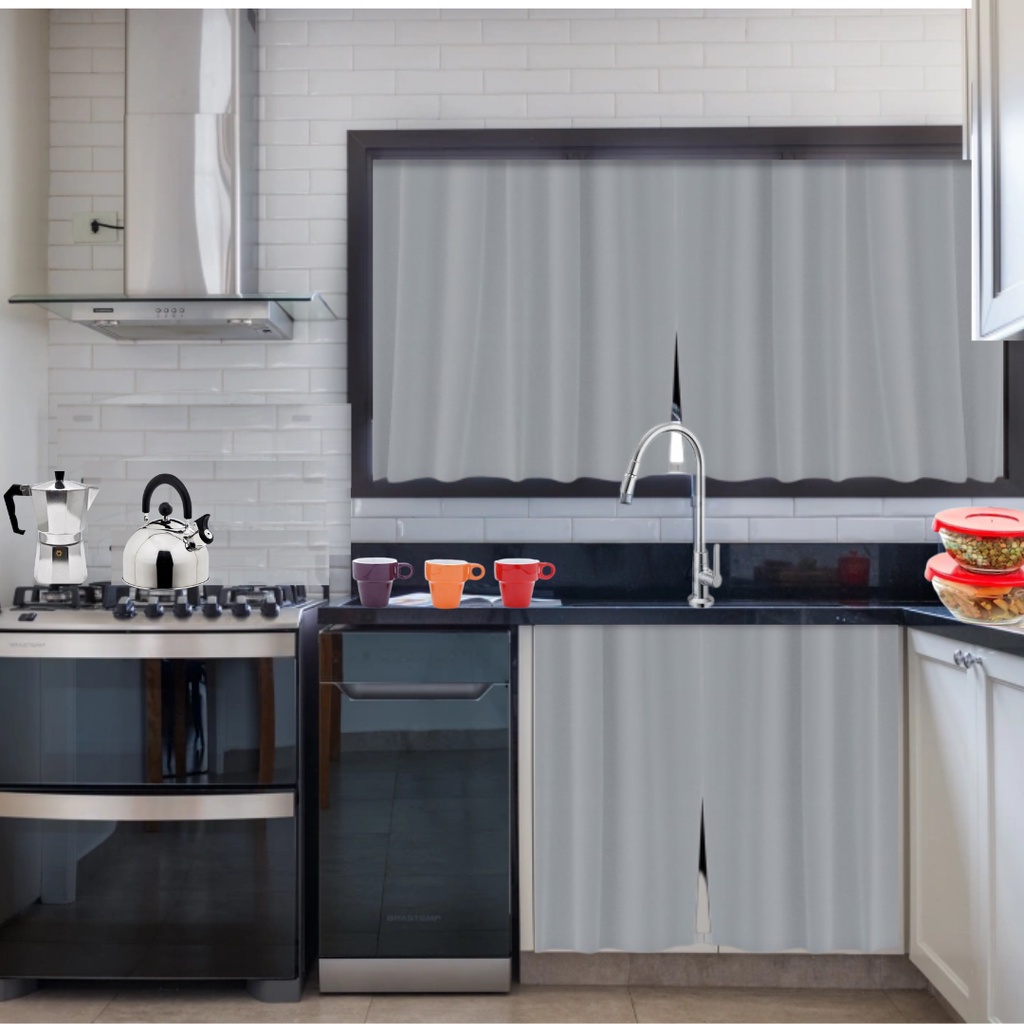Cortina para Pia de Cozinha Moderna em PVC Impermeável - Cinza
