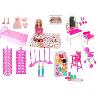 Promoção Kit Para Boneca Barbie Vestido Sapato Bolsa Cabide