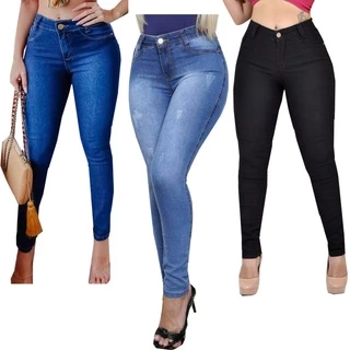 Kit 3 Calças Jeans Feminina Cós Alto C/ Lycra Elastano Modelagem Levanta Bumbum