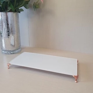 Bandeja de Vidro Branca com pézinho em Rose/Prata/Dourado Decoração