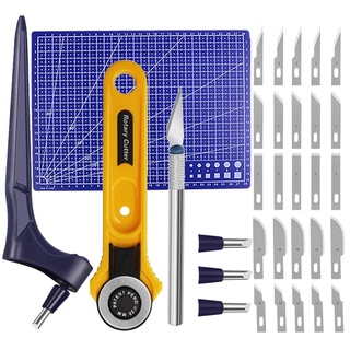 32 Peças De Ferramentas De Corte Do Ofício 360 Graus Girando Lâminas De Aço Inoxidável Gyro Cortador Facaswith Cabeças De Substituição Esteira Para Artesanato DIY Stencils Scrapbooks
