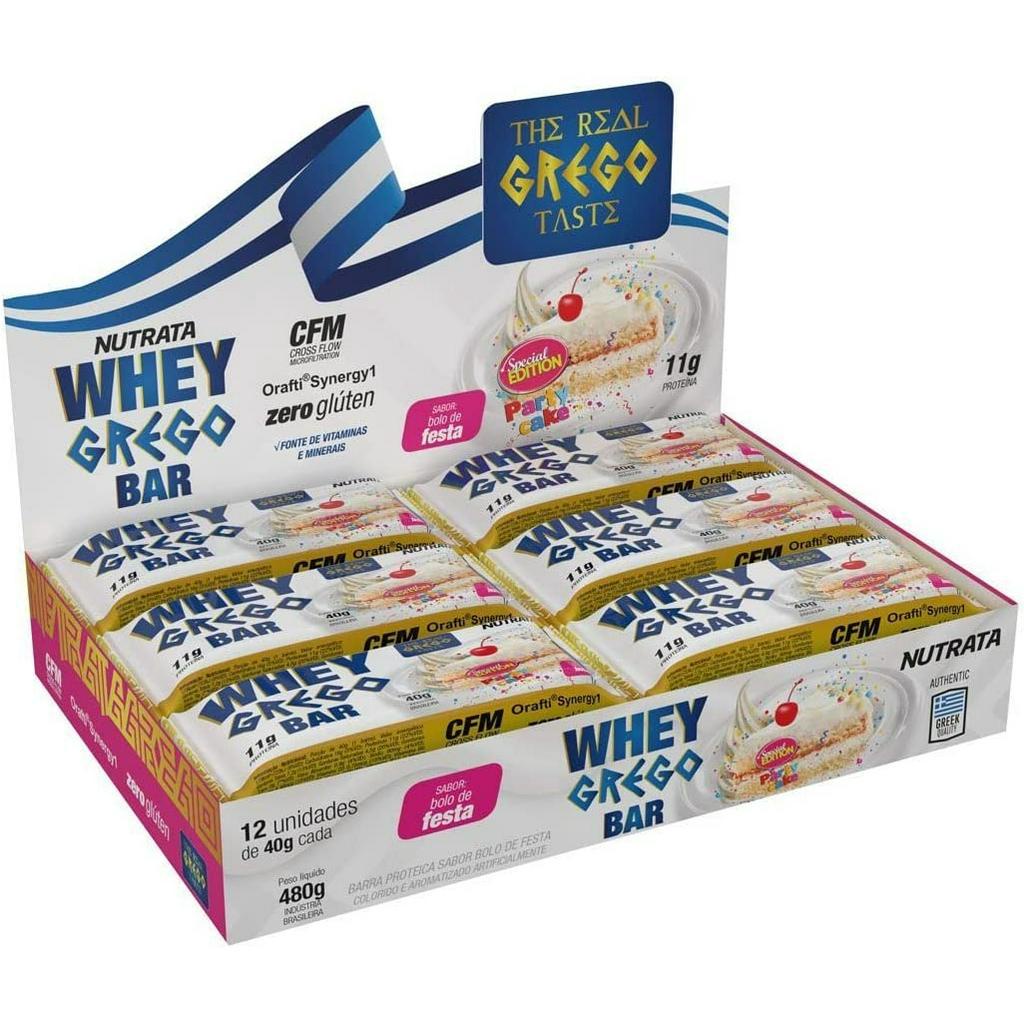 Whey Grego Bar (Display C/12 Unid – 40G) – Sabor Bolo de Festa, Nutrata