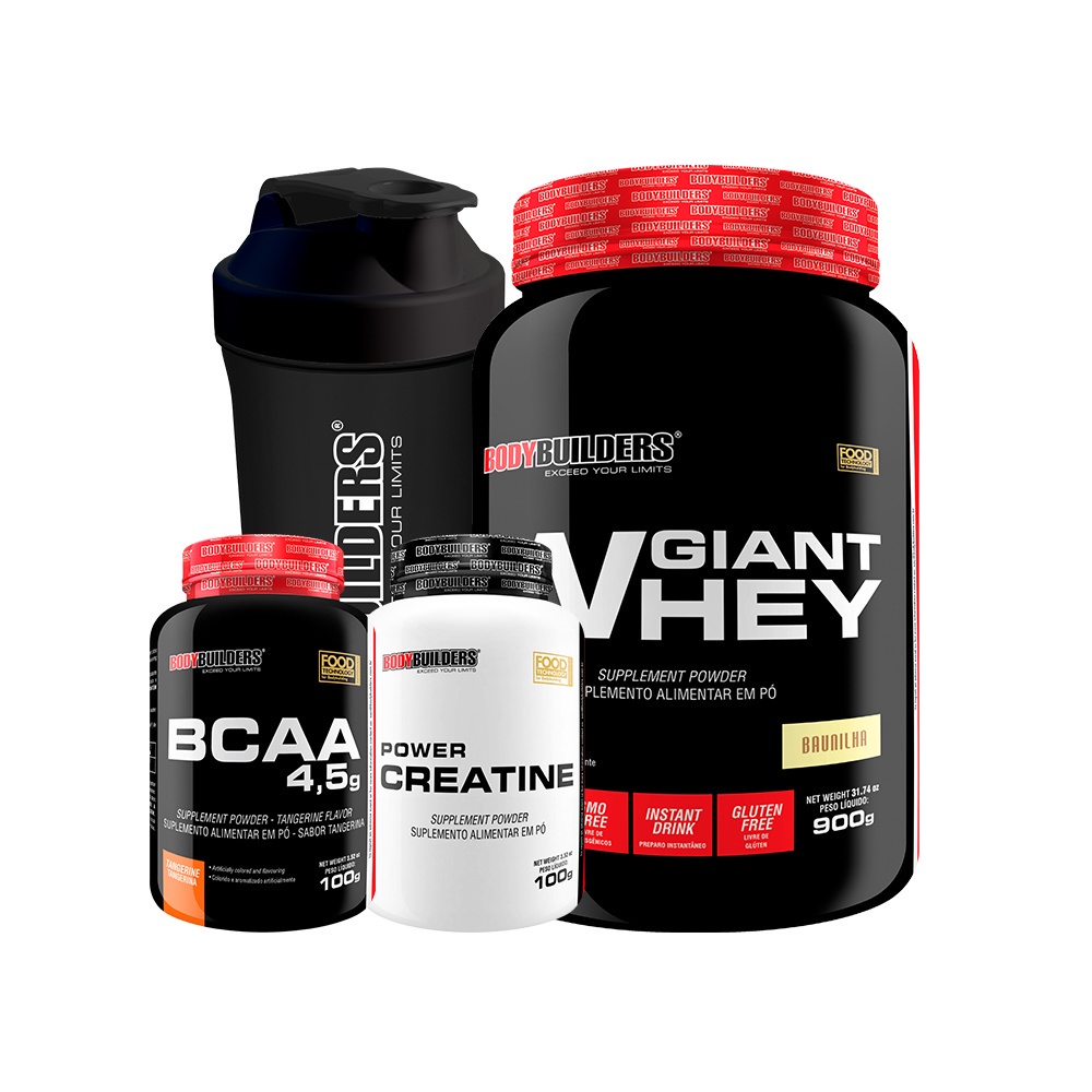 Kit Whey Protein Giant Whey 900g + Power Creatina 100g + BCAA 4,5 100g + Coqueteleira – Suplementos em Pó para Turbinar o Treino – BodyBuilders