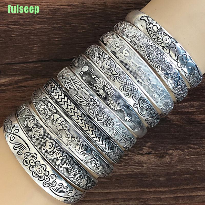 Pulseira De Abertura Retro FS Jóias Vintage Tibetana Prata Totem Esculpida