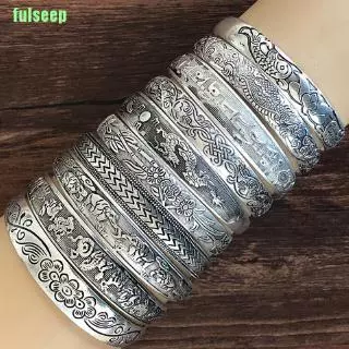 Pulseira De Abertura Retro FS Jóias Vintage Tibetana Prata Totem Esculpida