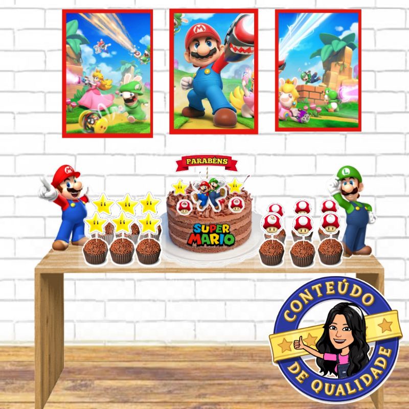 kit festa personalizados, e só um bolinho no tema super Mario/aniversário.