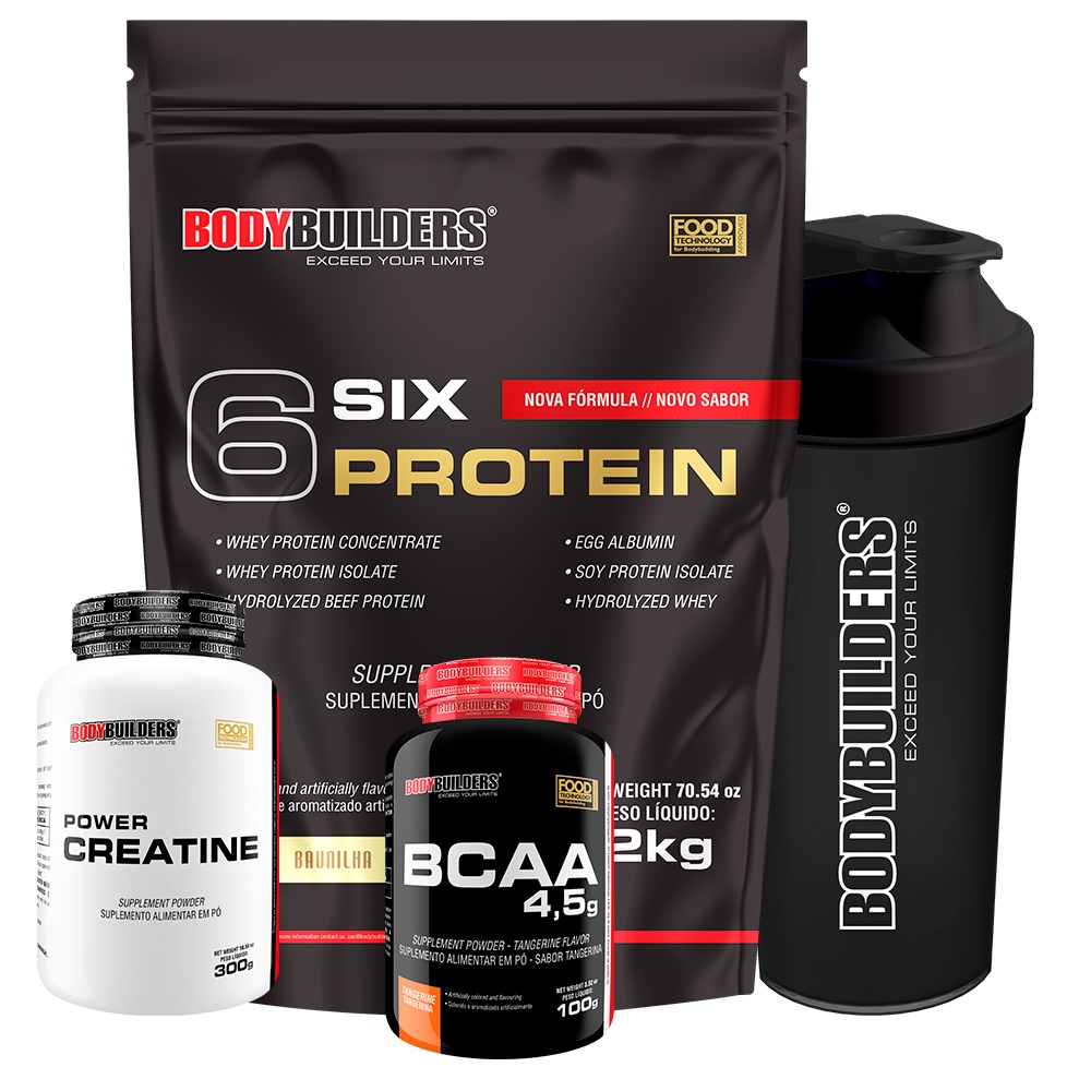 Kit Whey Protein Concentrado 6 Six Protein 2kg + Power Creatina 300g + BCAA 4,5 100g + Coqueteleira – Aumento de Massa Muscular- Bodybuilders