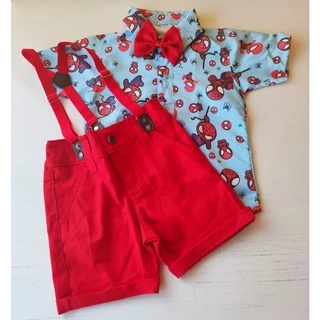 roupa homem aranha festa menino infantil conjunto Camisa Gravata Bermuda e Suspensório