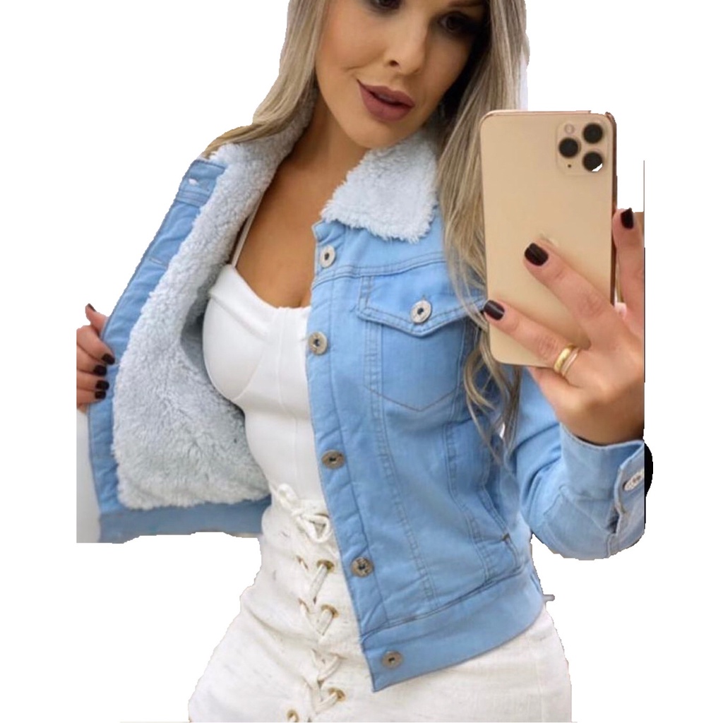 Blusa de store frio jeans feminina