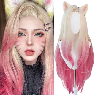 Kda Badder Ahri Cosplay Perucas Lol Kda Cosplay Loira Mista Rosa Resistente Ao Calor Cabelo Sintético Peruca Do Jogo Para O Partido Cospaly