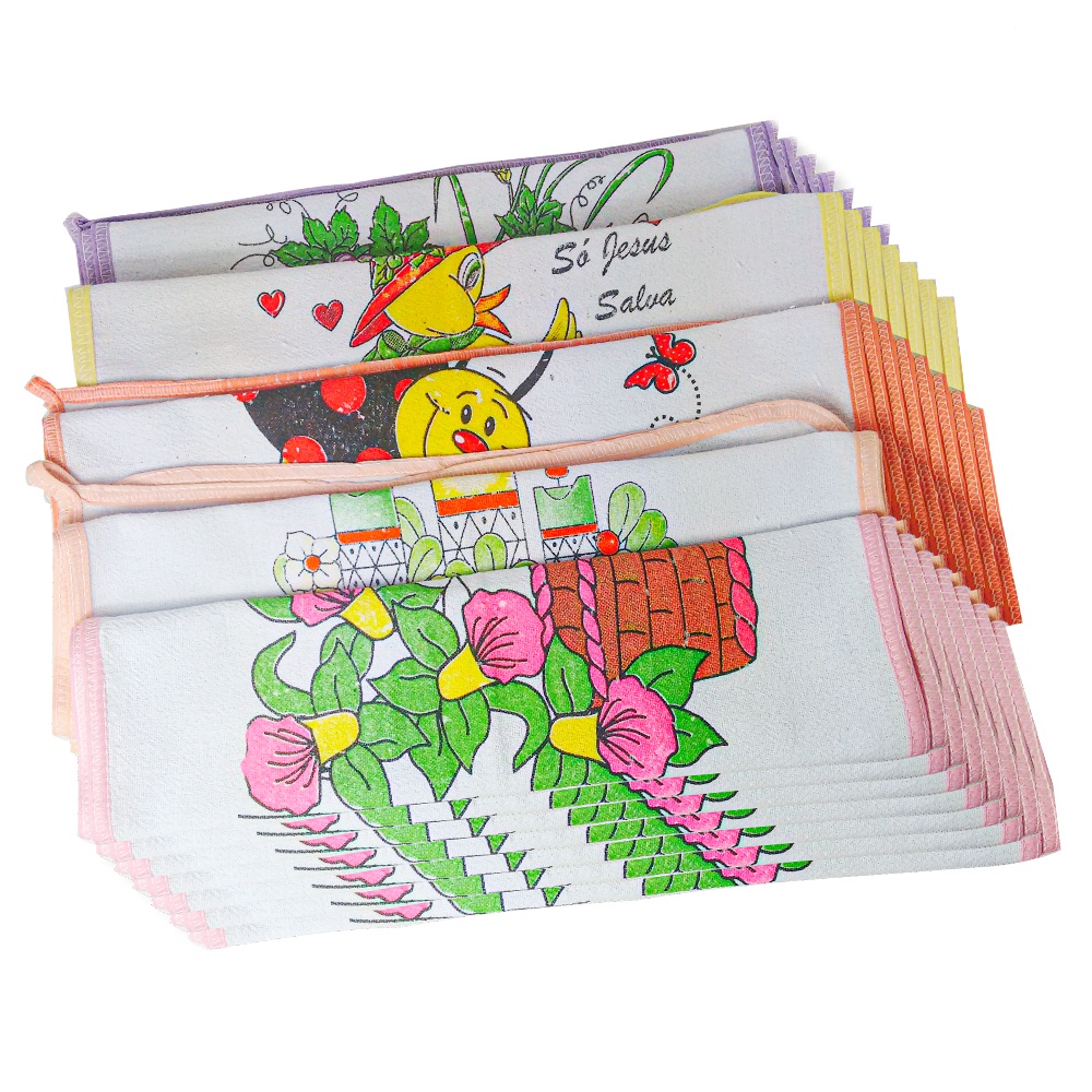 12 Pano de Prato Encopa Estampado Com Viés e Bainha