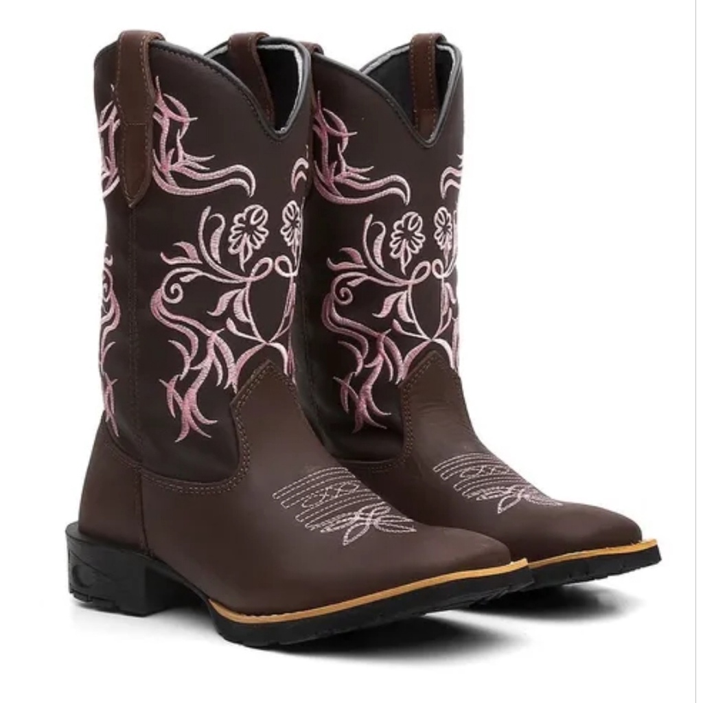 Bota Texana Feminina Country Bico Quadrado Em Couro Solado De Borracha Costurado Tribal Rosa