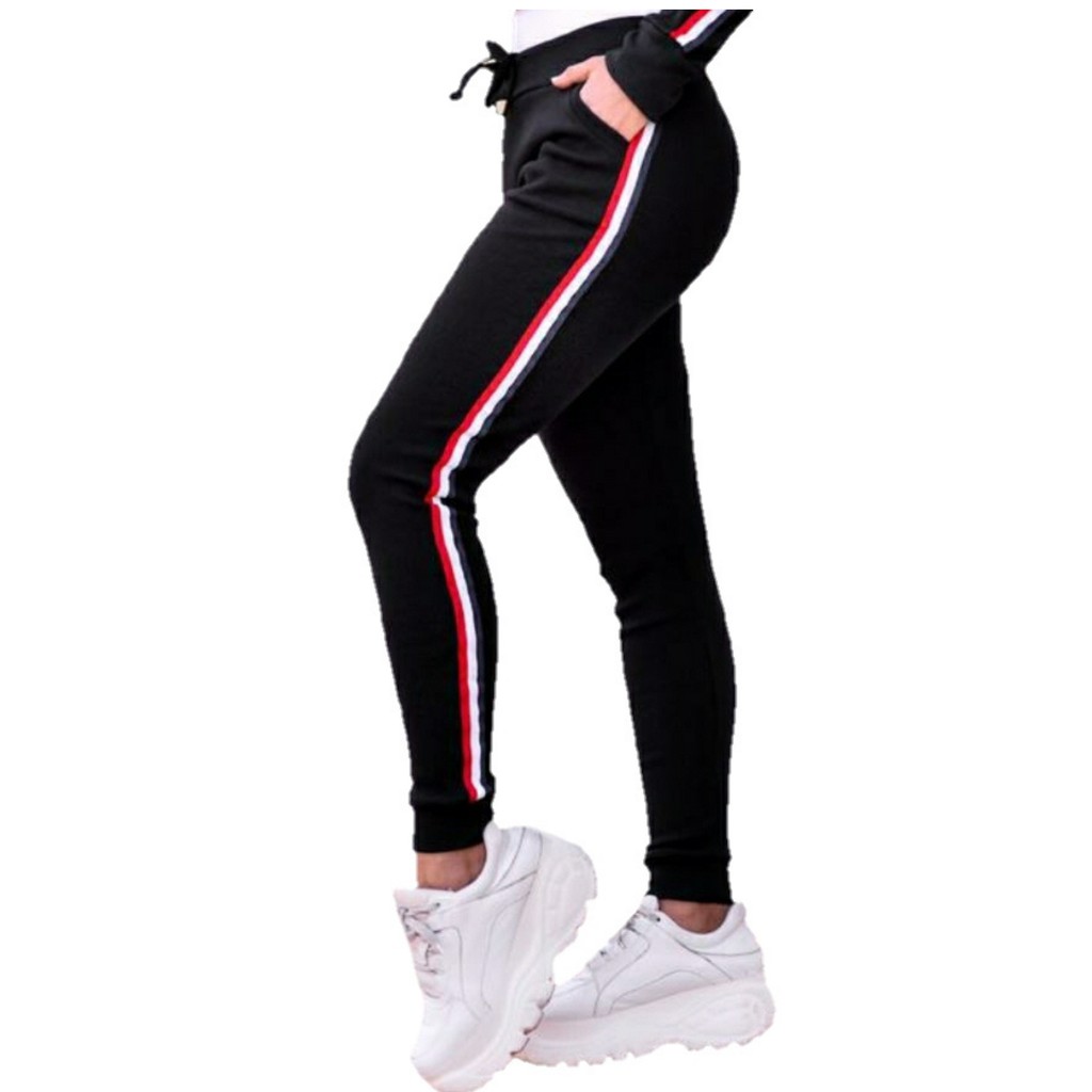 Calça Legging Jogger Preta Crepe Tipo Moletom Listra Feminina Moda Cintura  Alta .