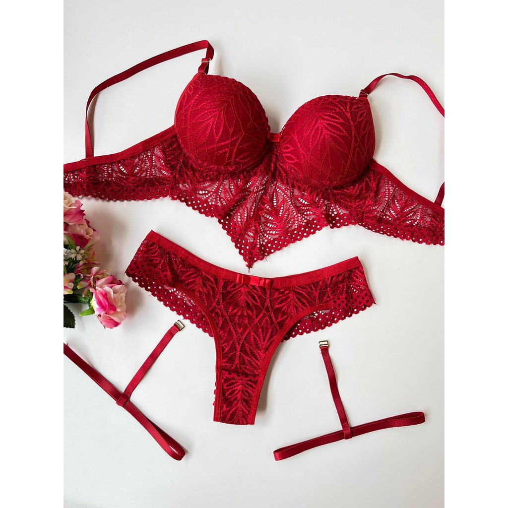 Conjunto Lingerie Calcinha e Sutiã Com Bojo Sexy Cinta Liga