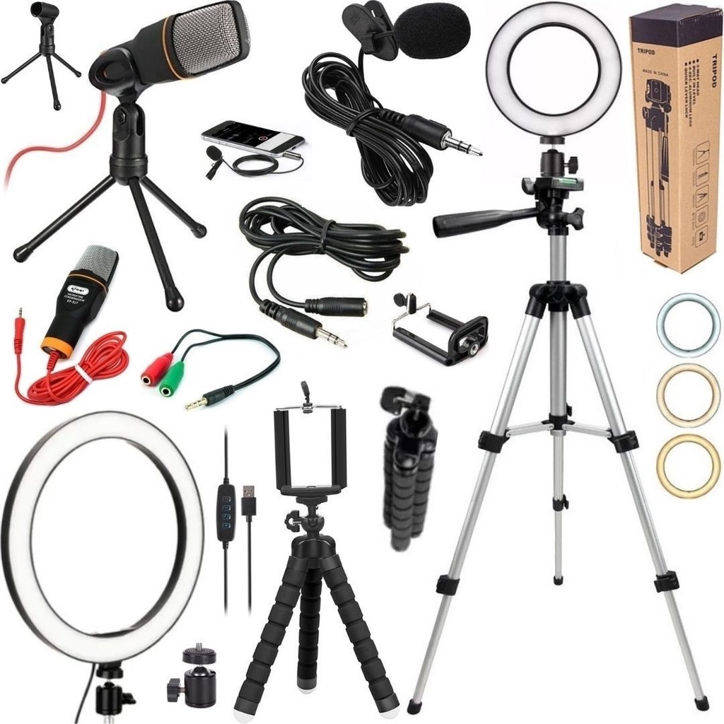 Kit Para Vlog, Trípode, Led, Micrófono, Soporte Teléfono Negro Blanco