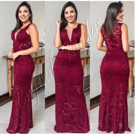 Vestido marsala sale longo renda