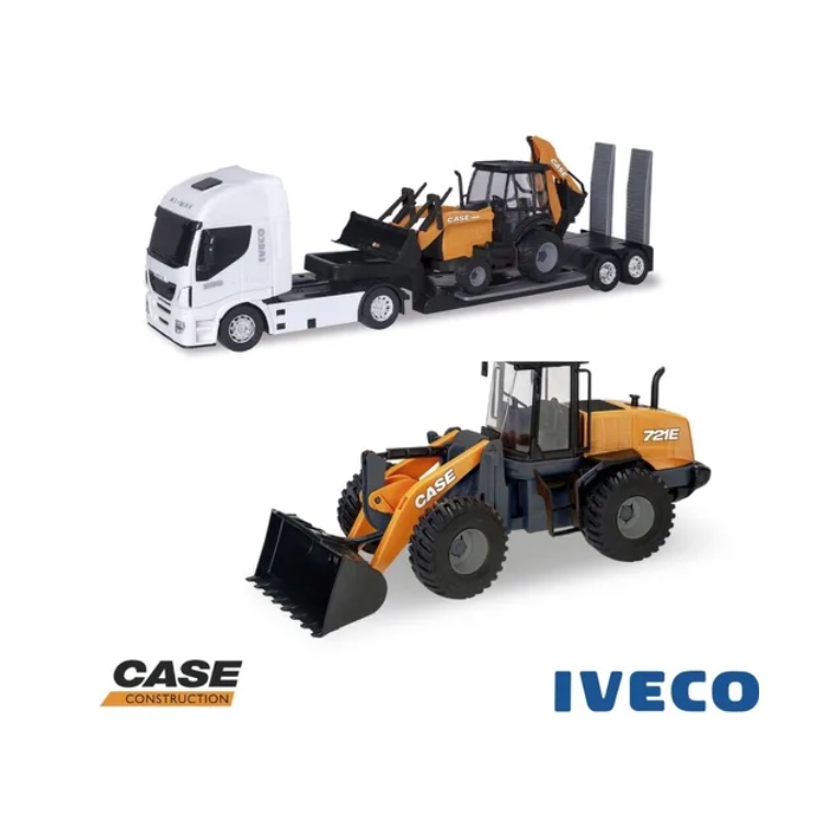 Brinquedo Caminhão Iveco Hi Way Plataforma Retroescavadeira Case  Construction Cinza