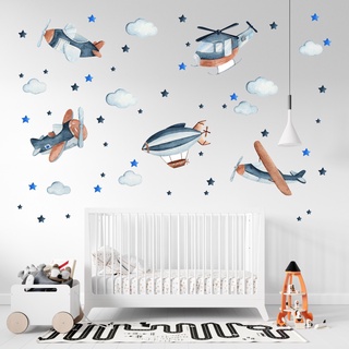 Adesivo parede Infantil Aviões Nuvens e Estrelas Aquarela azul decoração quarto bebê menino