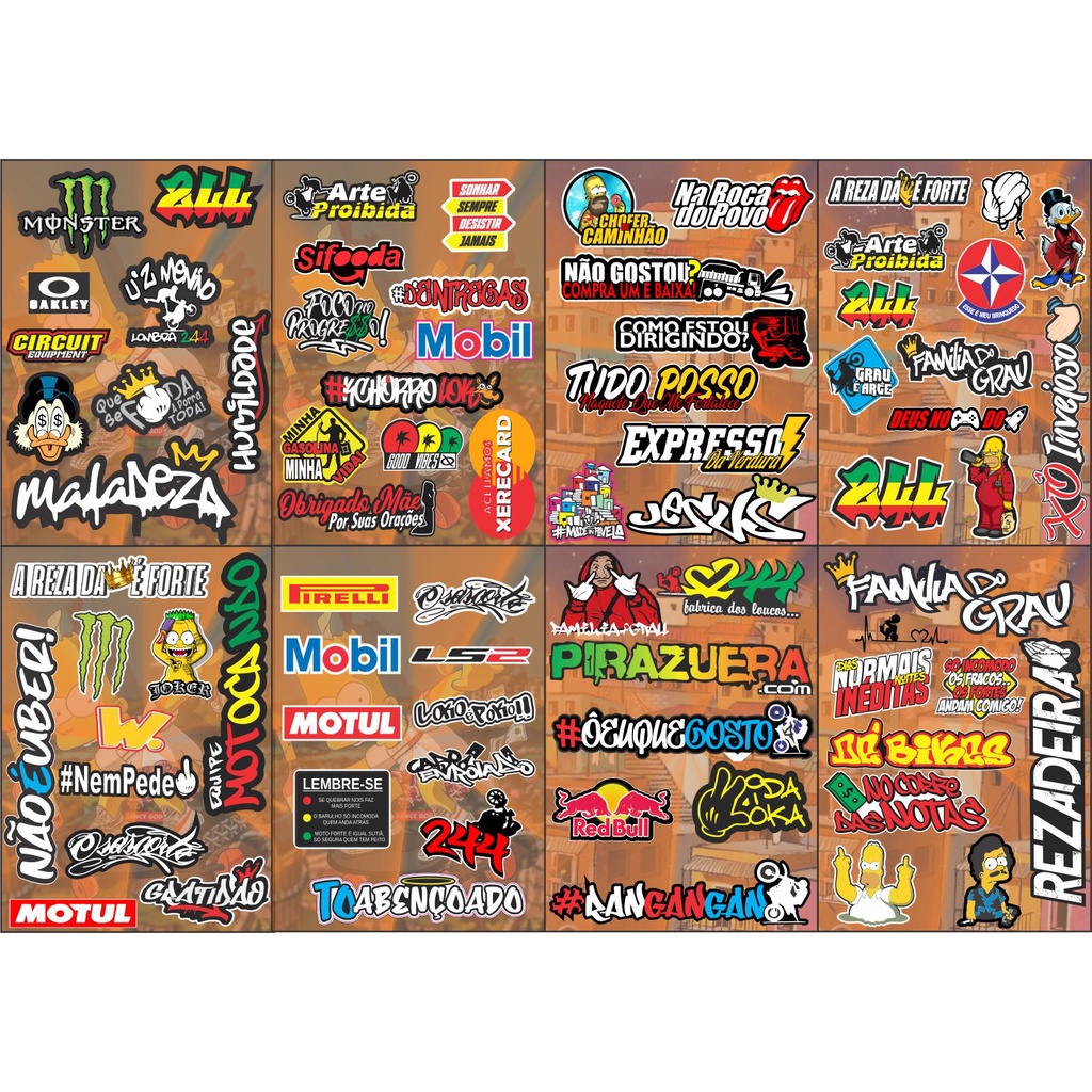 Kit 8 Cartelas Adesivos Carro Moto Bike Atacado 162 Stickers Ferkautoparts  Peças e Acessórios Nacionais e Importados