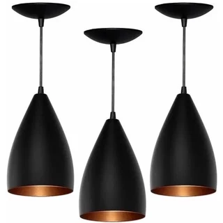 Novo Combo Kit com 3 Pendentes Soft Cone Vegas Preto Cobre Luminária Alumínio Lustre 17Cm
