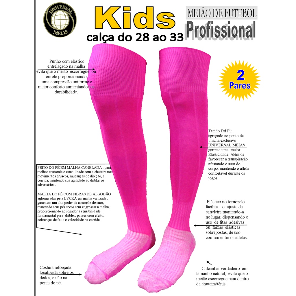 Meias De Futebol Infantil ZEPOHCK - 2 Pares Longos Até Joelho, 7-12 Anos, Rosa