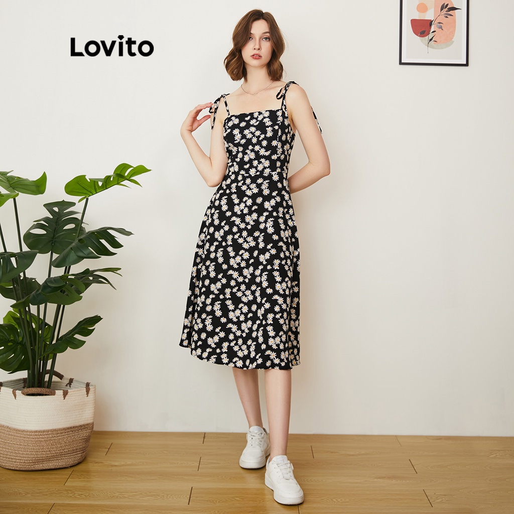 Lovito Vestido Casual Florido com Suspensórios L24AD135 (Preto ...