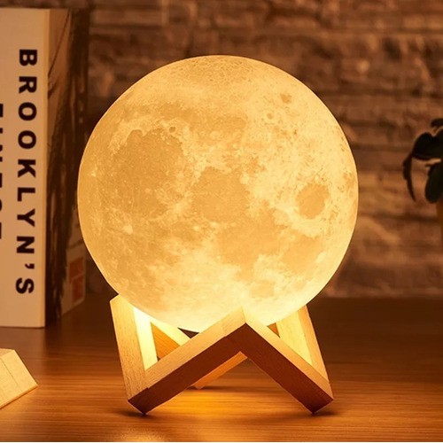 Luminária Lua Cheia Led Abajur Decoração Quarto C/ Base de madeira +/-15cm