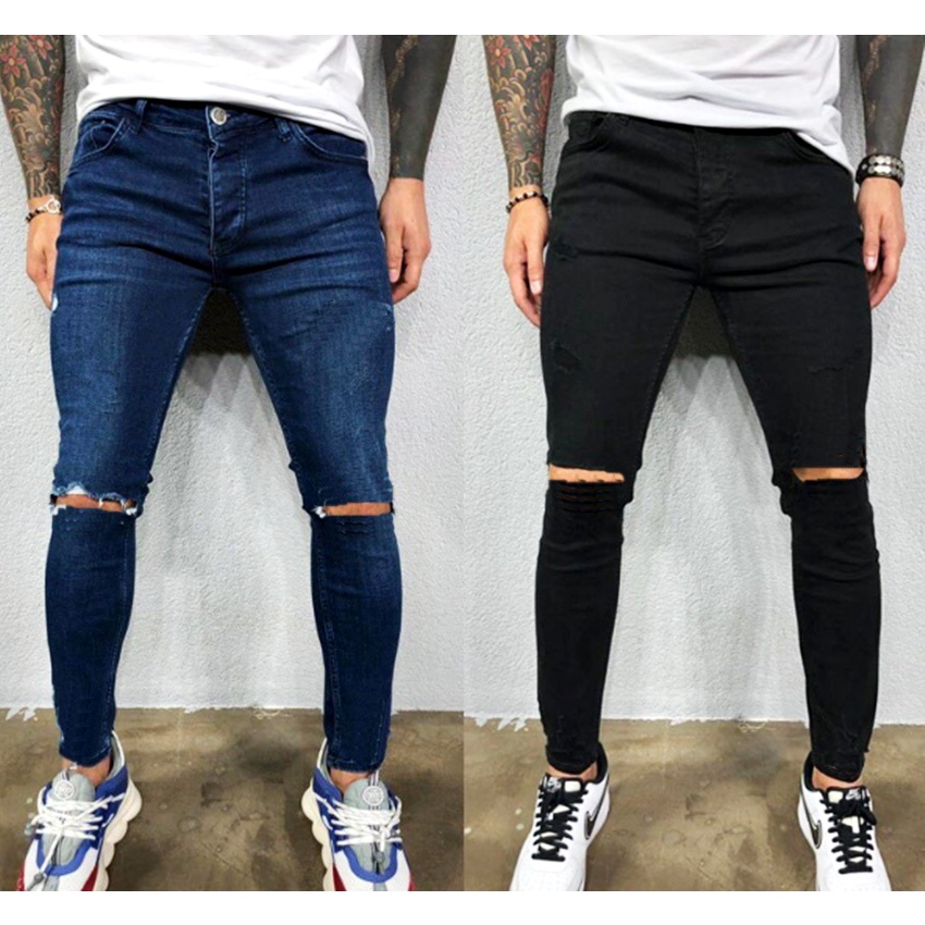 Calca Jeans Masculina Destroyed Rasgada Slim Com Elastano Laycra