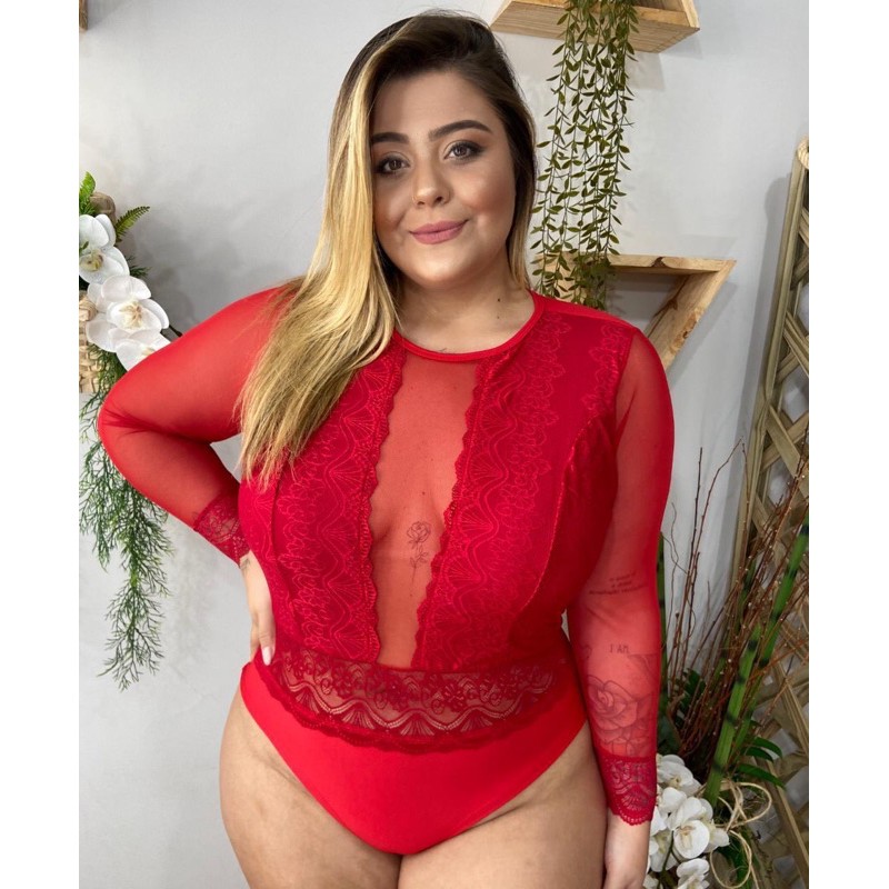 Body Plus Size Renda Com Bojo Sustentação aos Seios Tule nas Mangas Outono  Inverno Qualidade Incrível Frio 2021 Moderno Estilo Moda