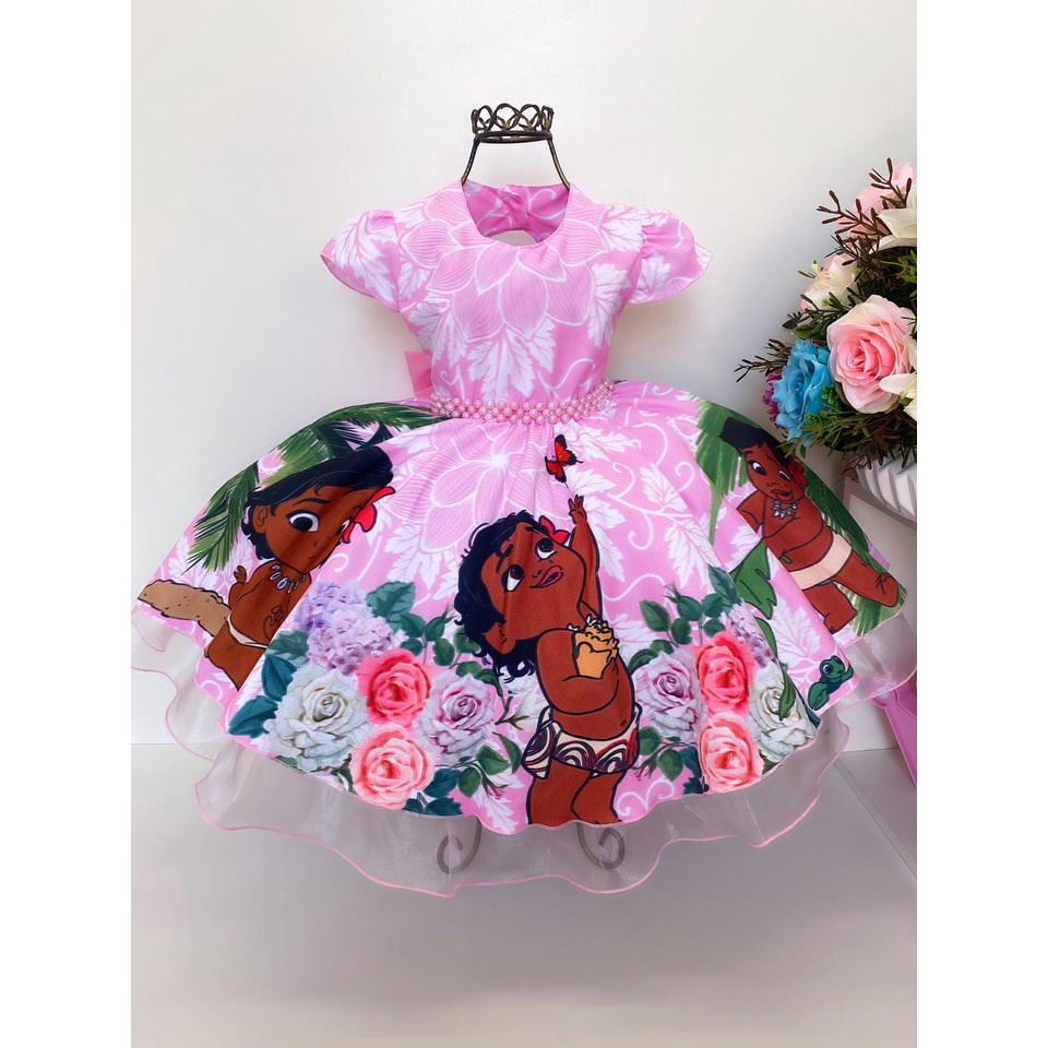 Vestido Infantil Moana Baby Floral Rosa Temático Aniversário - Tio