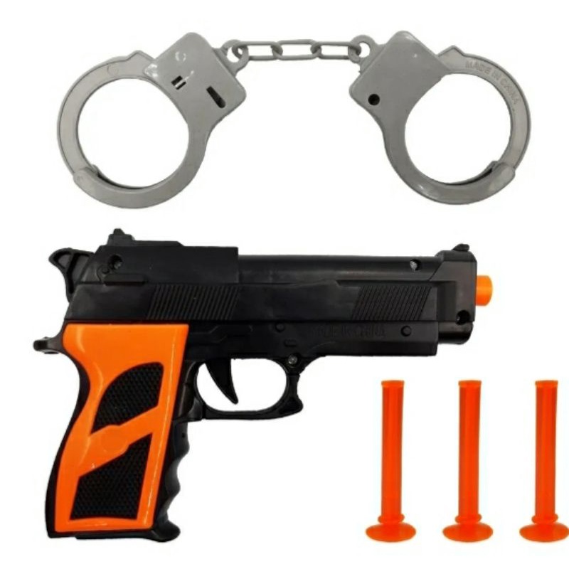 Brinquedo Pistola Arma Arminha Lançador de Dardos Com Algema e