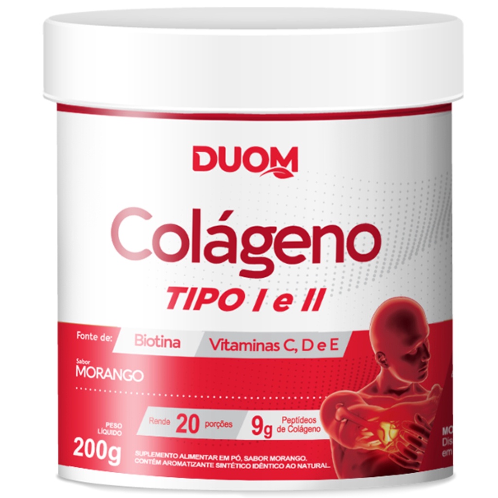 COLÁGENO TIPO 1 E 2 COM VITAMINAS E C E D 200G MORANGO DUOM | Shopee Brasil