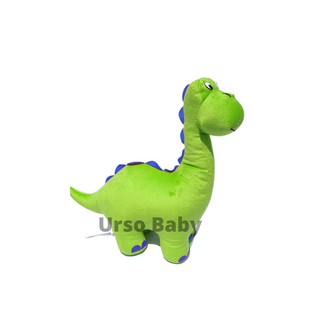 Dinosaur-de-rosa da mascote de pelúcia com uma barriga verde e