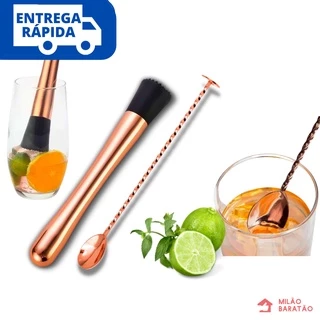 Kit Socador Amassador de Caipirinha Bebidas Inox + Colher Bailarina Para Mexer Drinks Gin Suco Rose Gold Inox Linha Luxury Barman