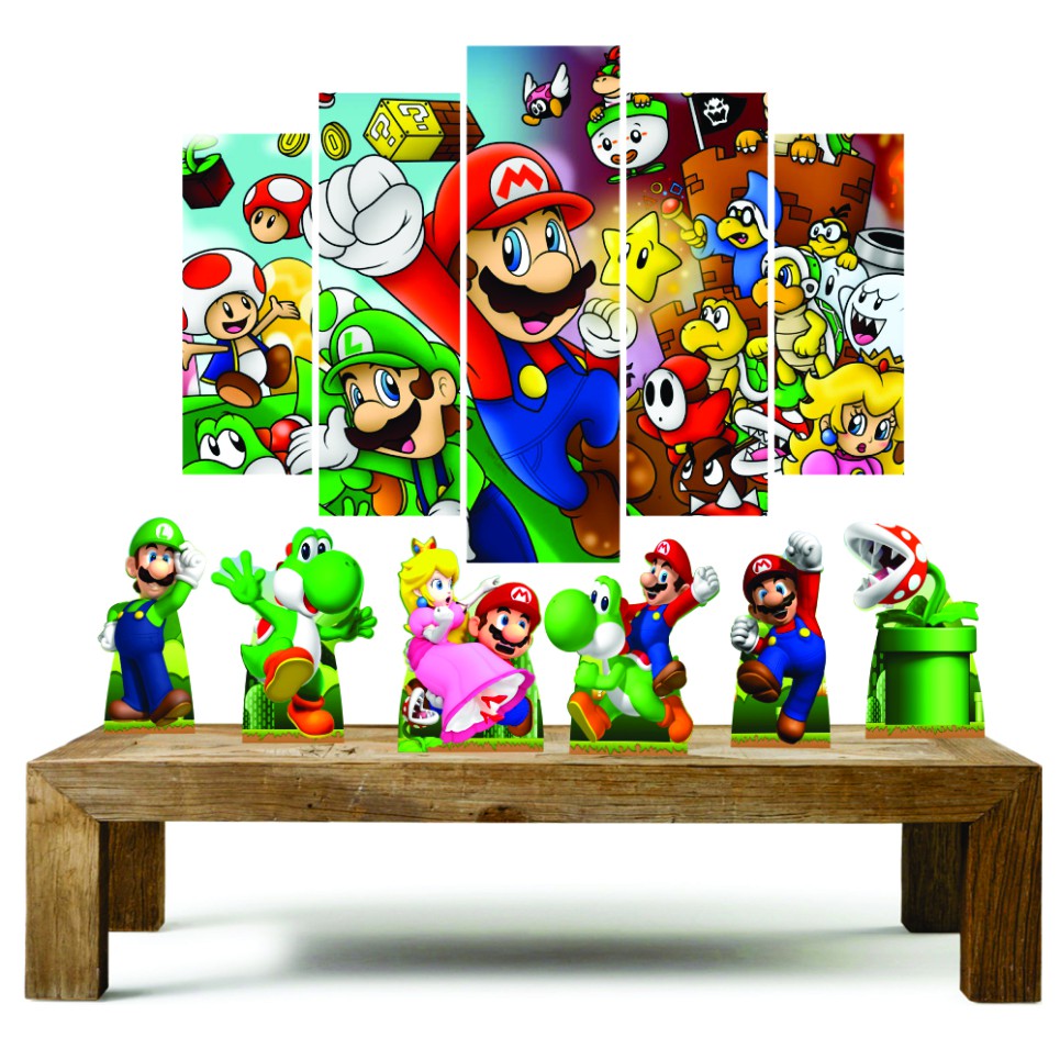 Super Mario kit com 1 quadro mosaico + 6 totens de mesa em mdf decoração para festa Kit Enfeites kit festa