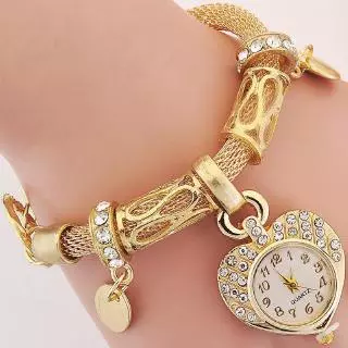 Relógio de Pulso Feminino de Aço Inoxidável com Mostrador de Coração Dourado Prateado com Strass/ Pulseira de Corrente